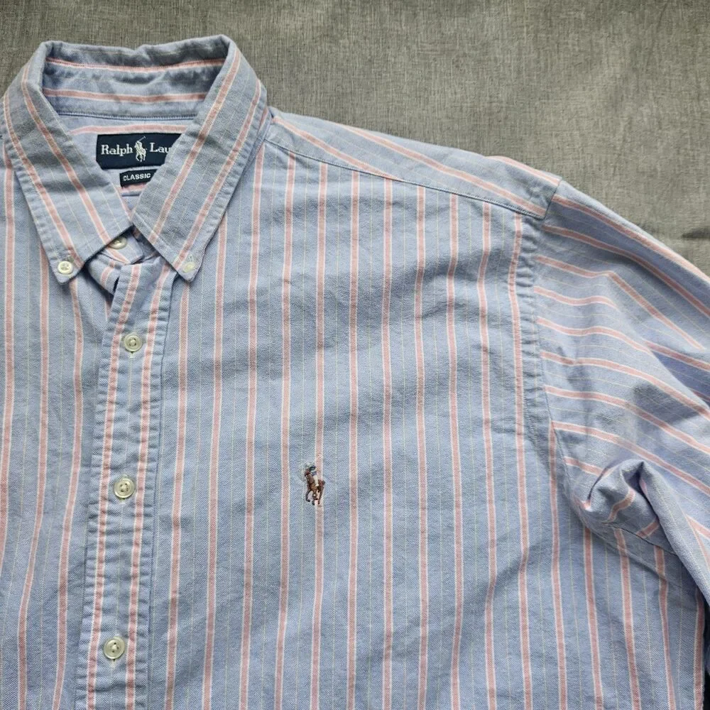 Ralph Lauren Mens XXL Blue Pink Stripe Flesh Pony Preppt Fashion Golf Polo Long